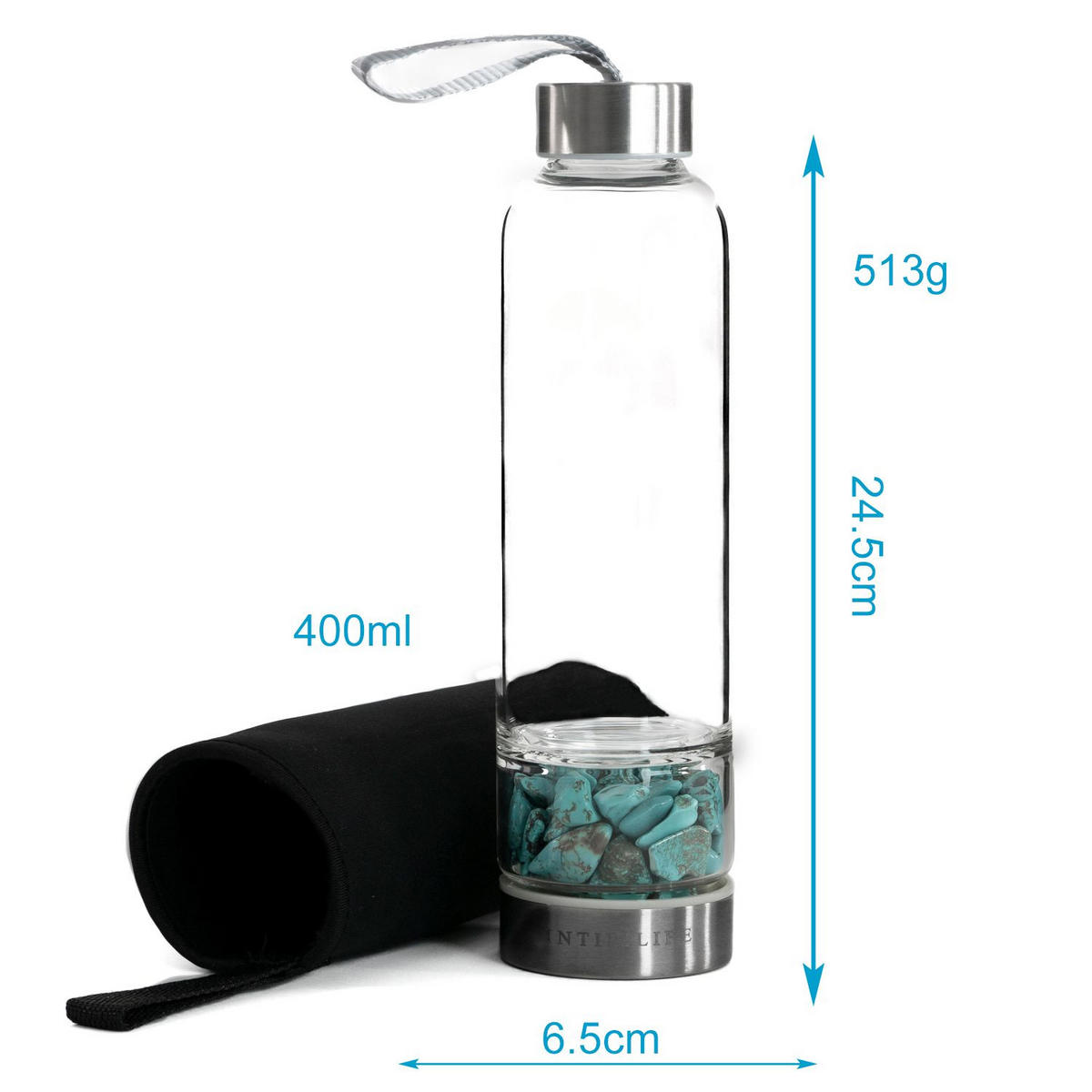 WASSERFLASCHE mit Heilsteinen und Tasche 400ml - Blau, Glas (0.4L) - Intirilife
