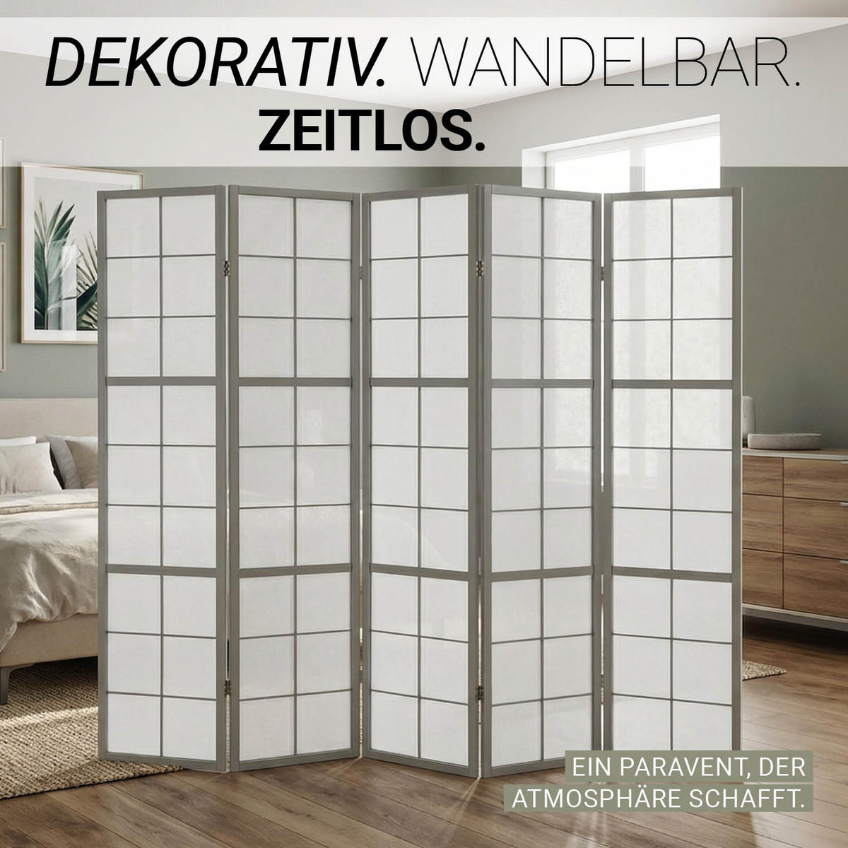 PARAVENT 5-tlg 220/179 cm Grau Holz Shoji - Grau, Holz (220/179/2cm) - Homestyle4u