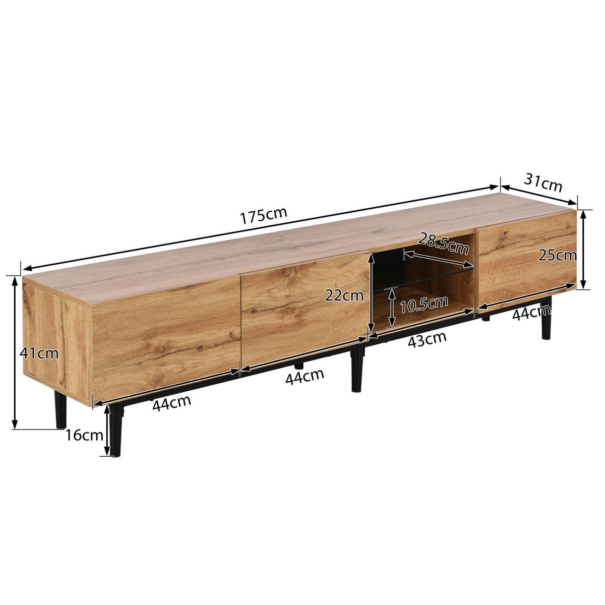 TV-ELEMENT mit LED 175 x 31 x 41 cm MDF Light Oak - Braun, Holzwerkstoff (31/41/175cm) - Beauniv