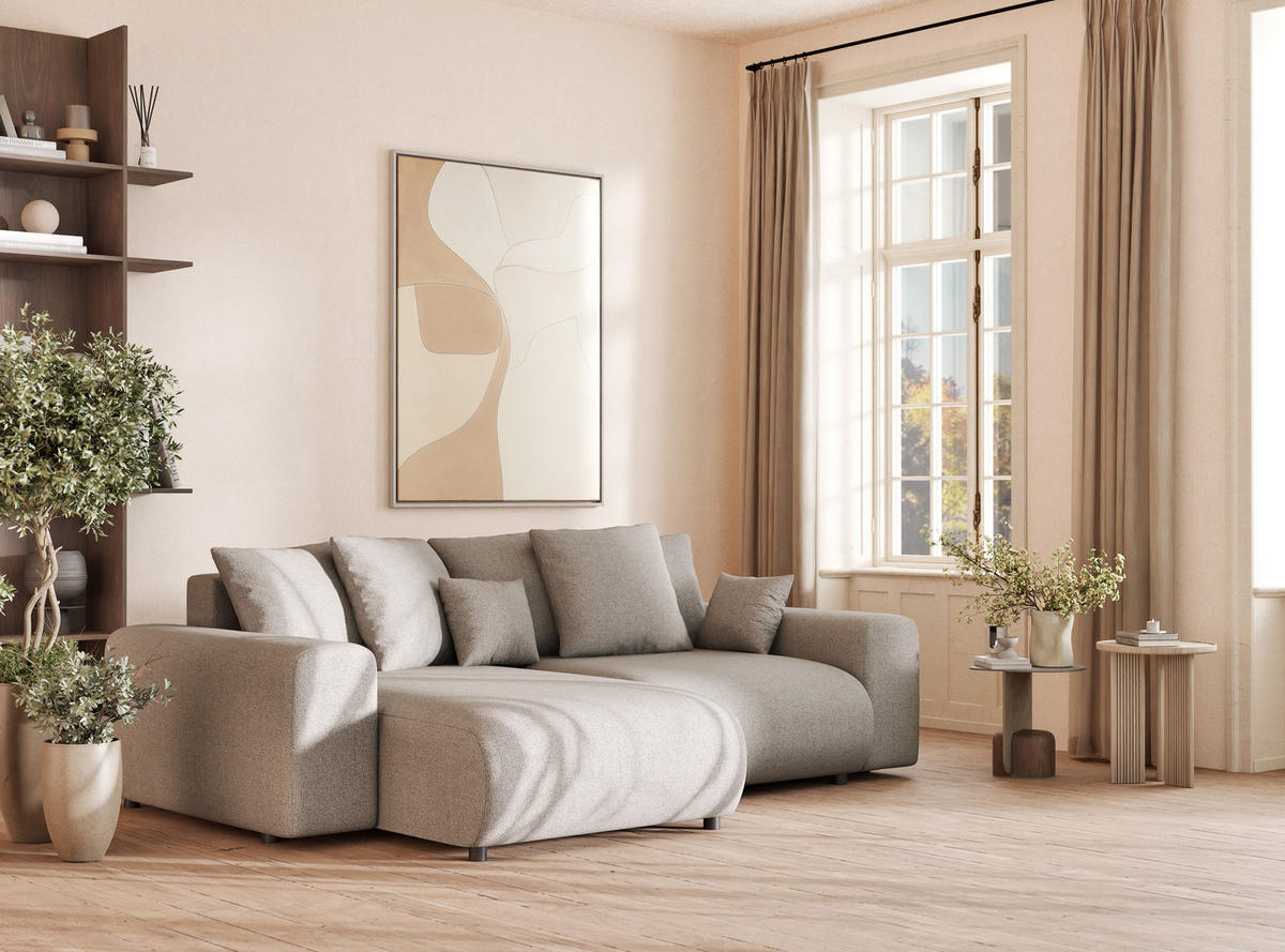 ECKSOFA MIT SCHLAFFUNKTION Solo Seidengrau Webstoff - Beige/Schwarz, Holz/Holzwerkstoff (255/168cm) - Maison de Reve