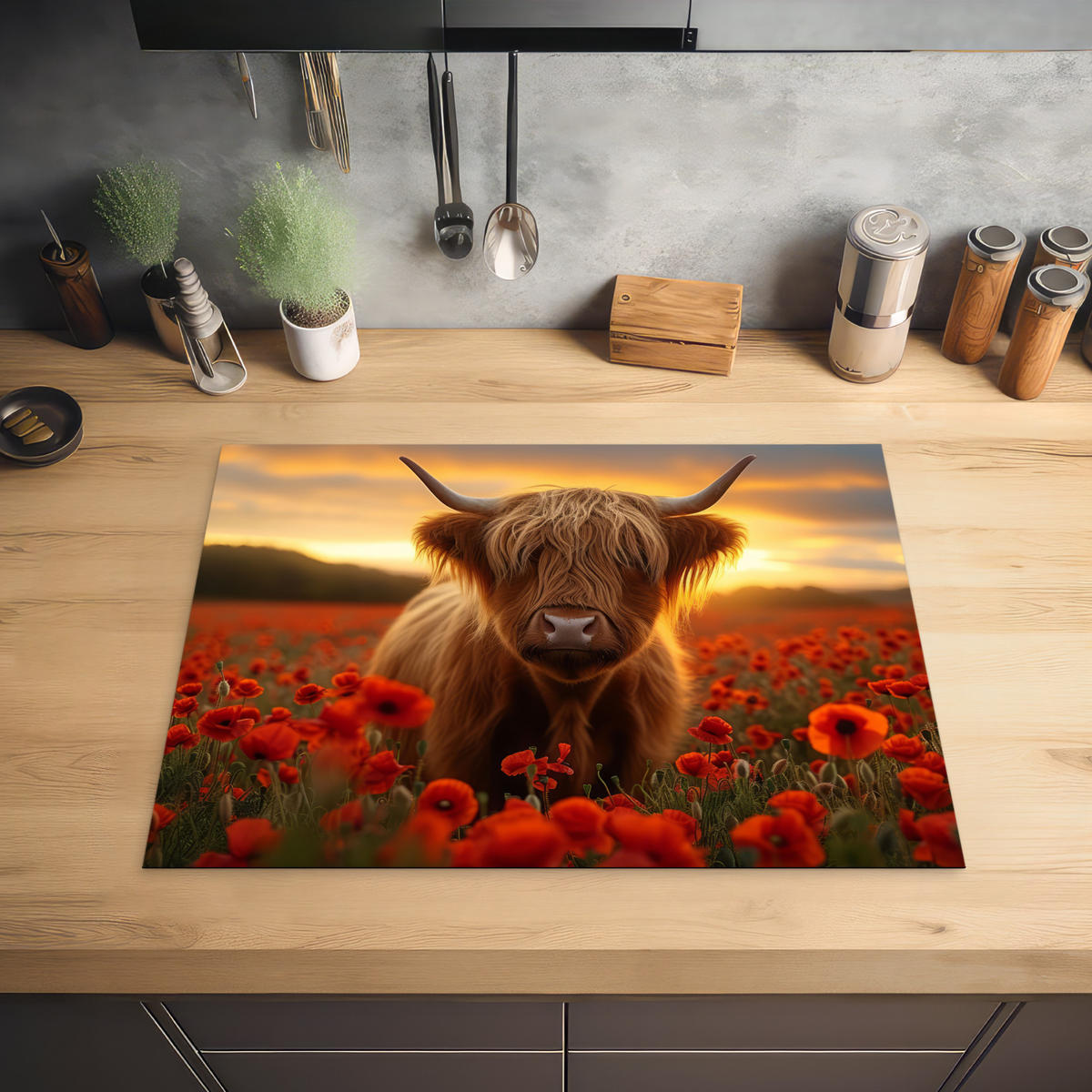 HERDABDECKPLATTE Schottische Highlander - Rosen - Blumenfeld - Sonnenuntergang Herdabdeckung Induktionsfeld 70x52 cm - Rotbraun, Kunststoff (70/52/0.2cm) - MuchoWow
