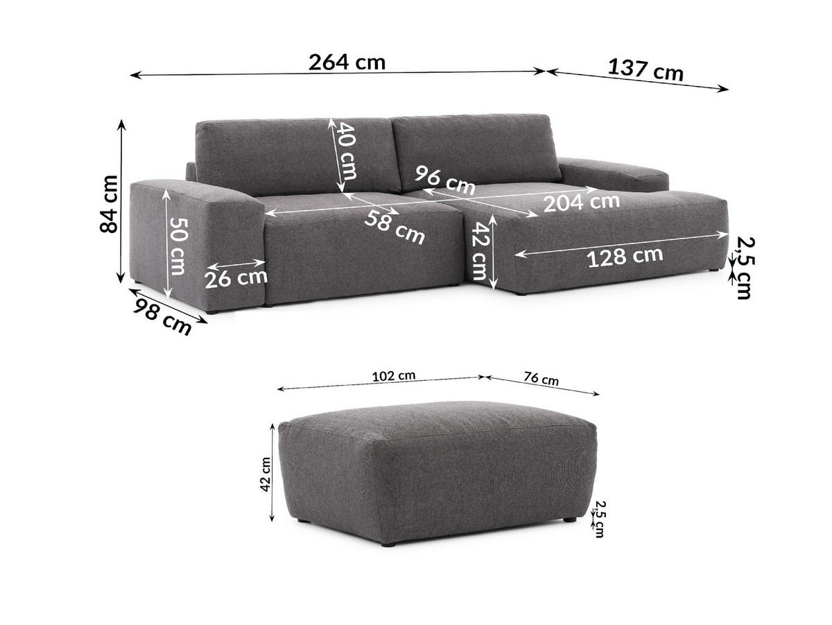 ECKSOFA inkl. Hocker Lennon aus Graphit Strukturstoff mit Schlaffunktion und Bettkasten - Graphitfarben/Schwarz, Holz/Kunststoff (264/137cm) - S-Style