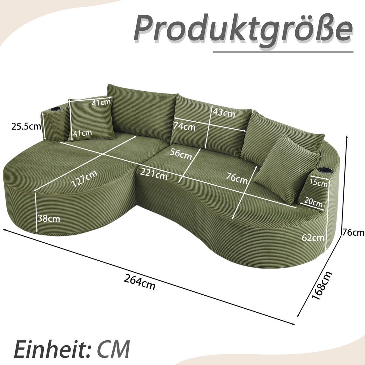 3-SITZER ECKSOFA Cord Grün mit Getränkehaltern und mit Kissen - Grün, Textil (264/168cm) - WISHDOR