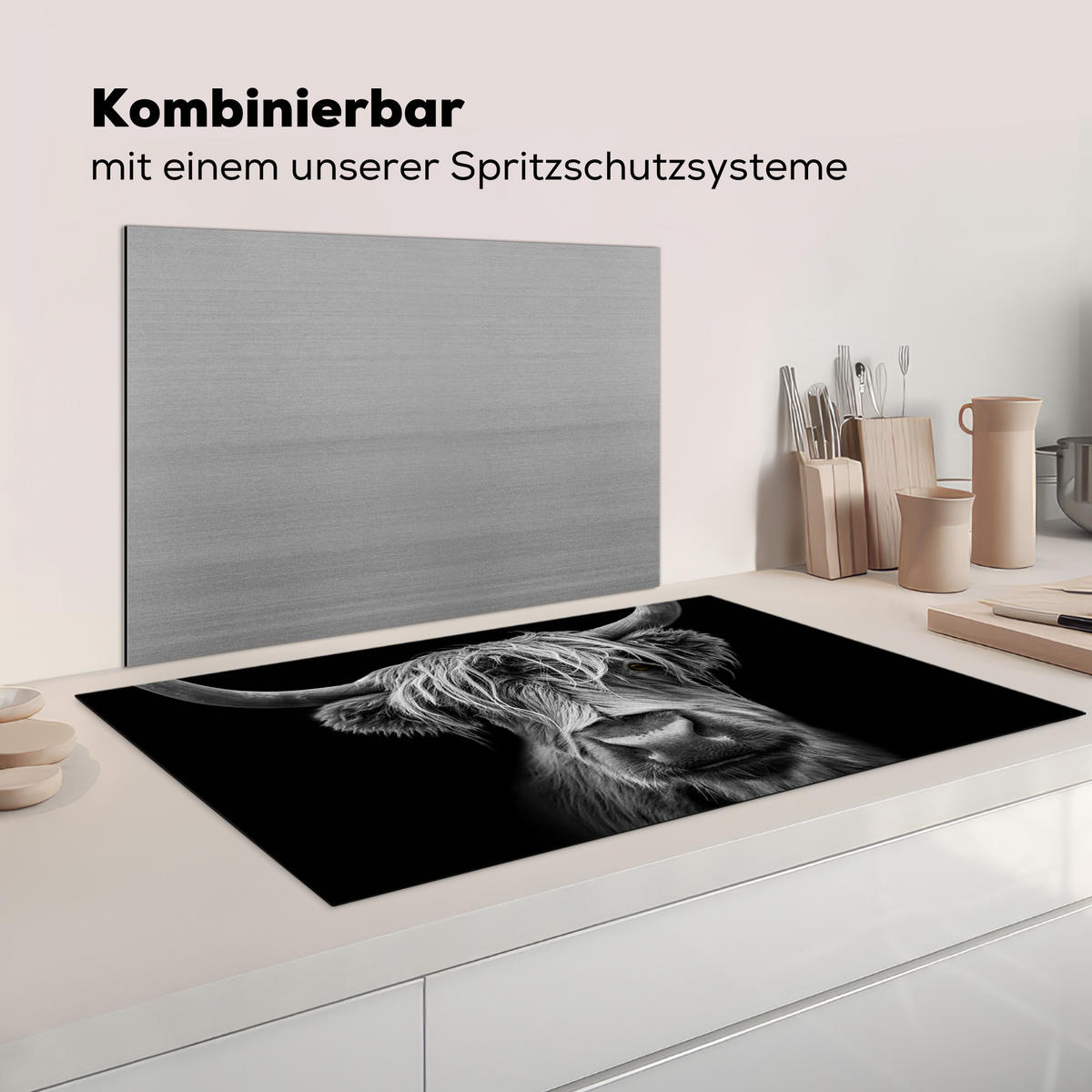 HERDABDECKPLATTE Schottischer Highlander - Hörner - Schwarz - Weiß - Kuh - Wild - Tiere Induktionsschutz 91.6x52.7 cm - Schwarz, Kunststoff (91.6/52.7/0.2cm) - MuchoWow