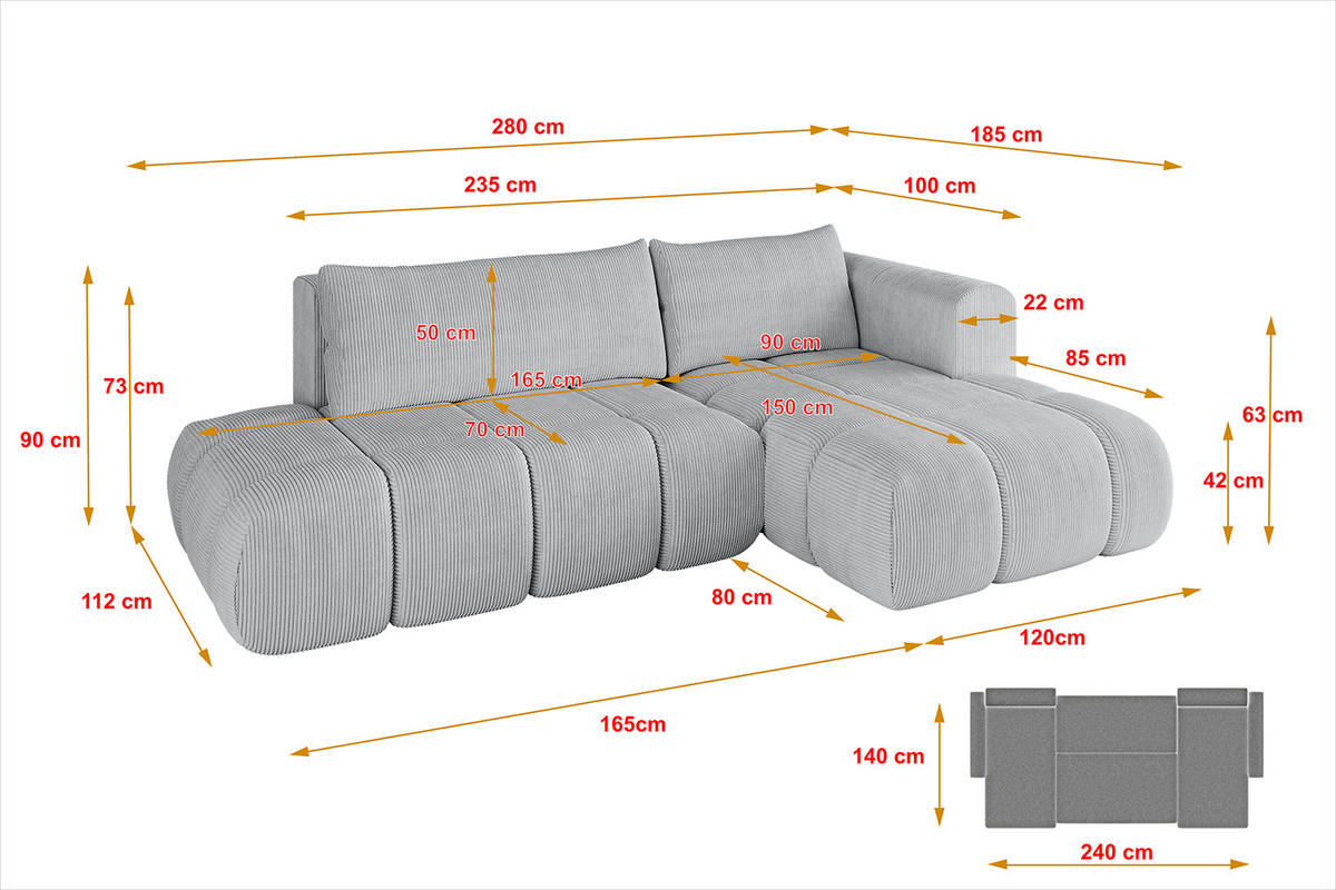 ECKSOFA Ottomane Rechts CLOUD-L 280x185x90 Grau Cord - Grau, Holzwerkstoff/Kunststoff (185/280cm) - ALTDECOR