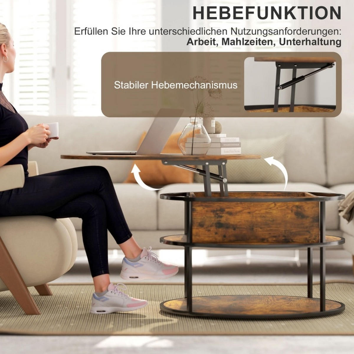 COUCHTISCH 80/80/61,5 cm höhenverstellbar aus Holz mit Stauraum und Ablage, Braun - Braun, Holzwerkstoff (80/80/61.5cm) - Redom