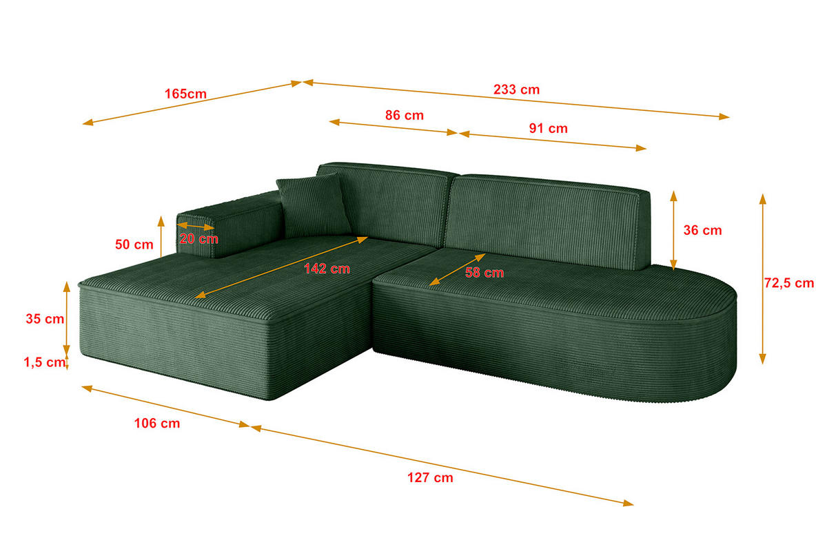 ECKSOFA Ottomane Links IREA-L1-v4 - 233x165x72,5 cm Grün - Grün, Holzwerkstoff/Textil (233/165cm) - ALTDECOR