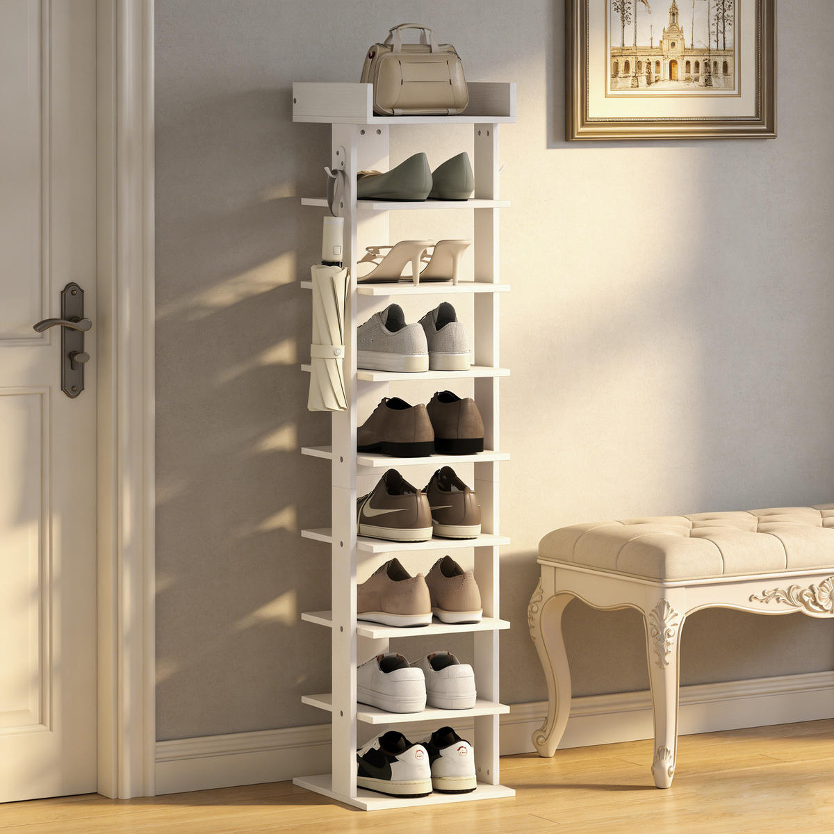 SCHUHREGAL 9-stöckig DE-15090 für 9 Paar Schuhe mit 2 Haken Weiß - Weiß, Holzwerkstoff (30/128.4/30cm) - ComfortXL