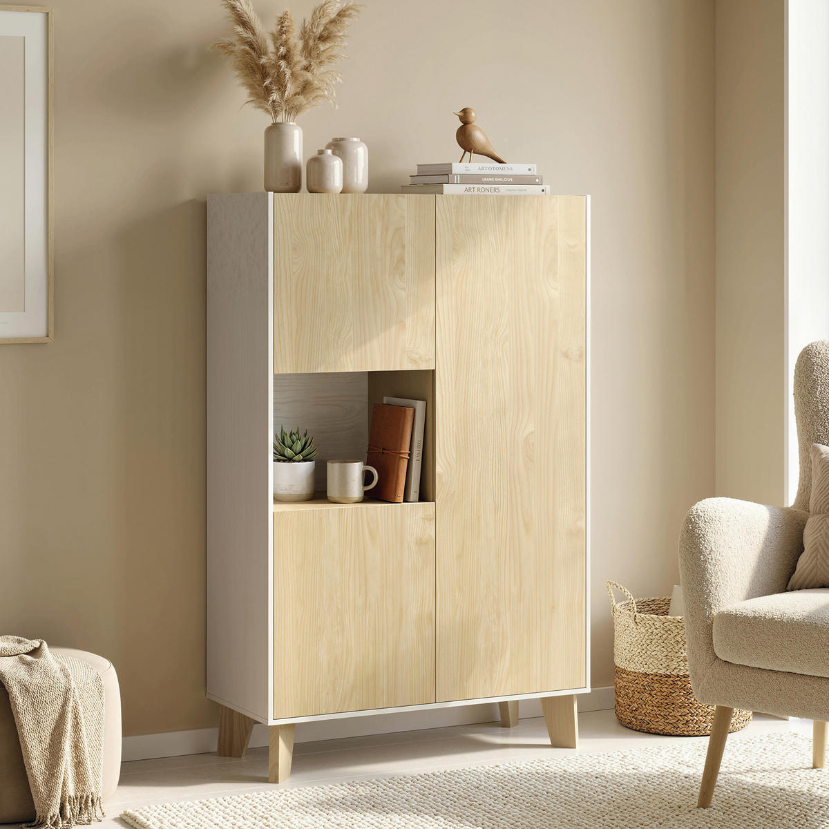 SIDEBOARD Weiß und Naturholz, 6 Fächer, Soft-Close, 80/40/135 cm - Weiß, Holz (80/135/40cm) - PANGIVO