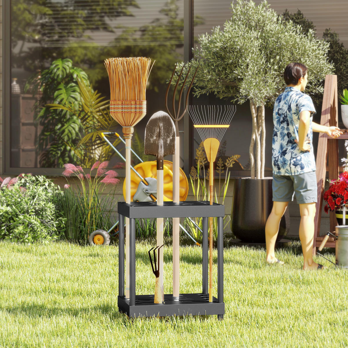 GARTENREGAL DE-13806 2-stöckig für 16 Werkzeuge Schwarz - Schwarz, Metall (33/50/42cm) - ComfortXL