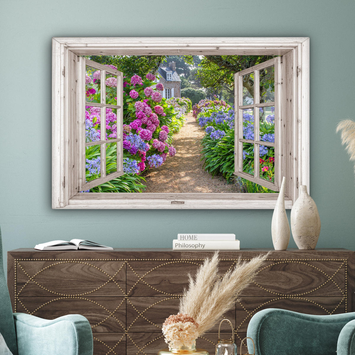 LEINWANDBILD Hortensie - Durchsichtig - Blumen - Sommer - Lila - Weg Wohnzimmer 120x80 cm - Lila, Textil (120/80cm) - MuchoWow