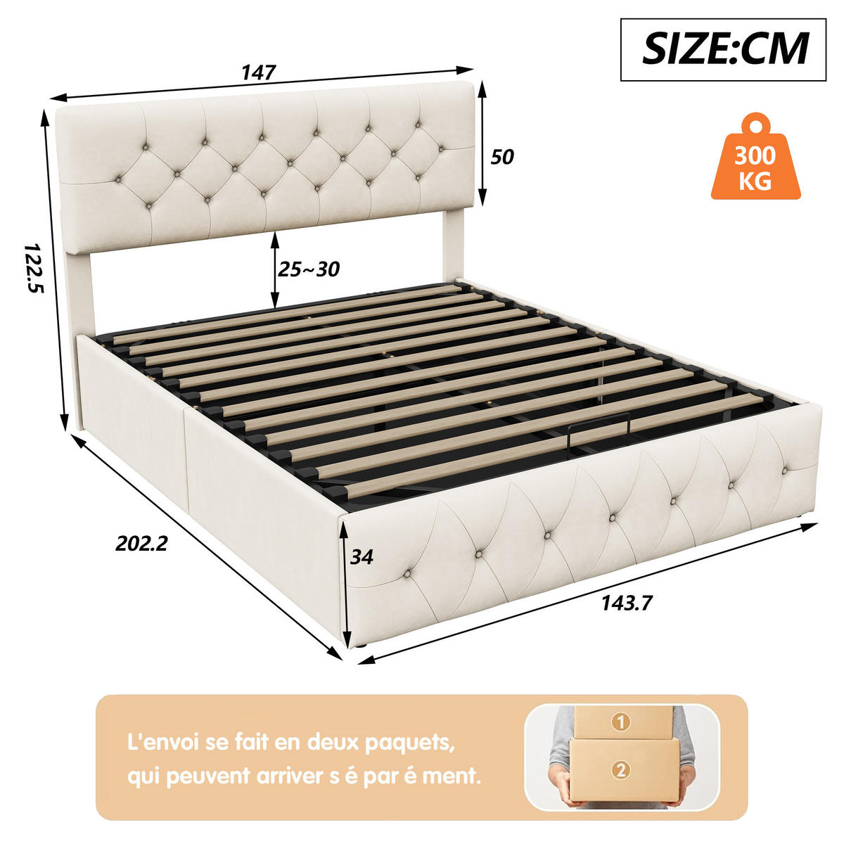 POLSTERBETT 140x200 Aprikose Samt Gasdruckfeder - Beige, Metall (140/200cm) - SHOPENTRA
