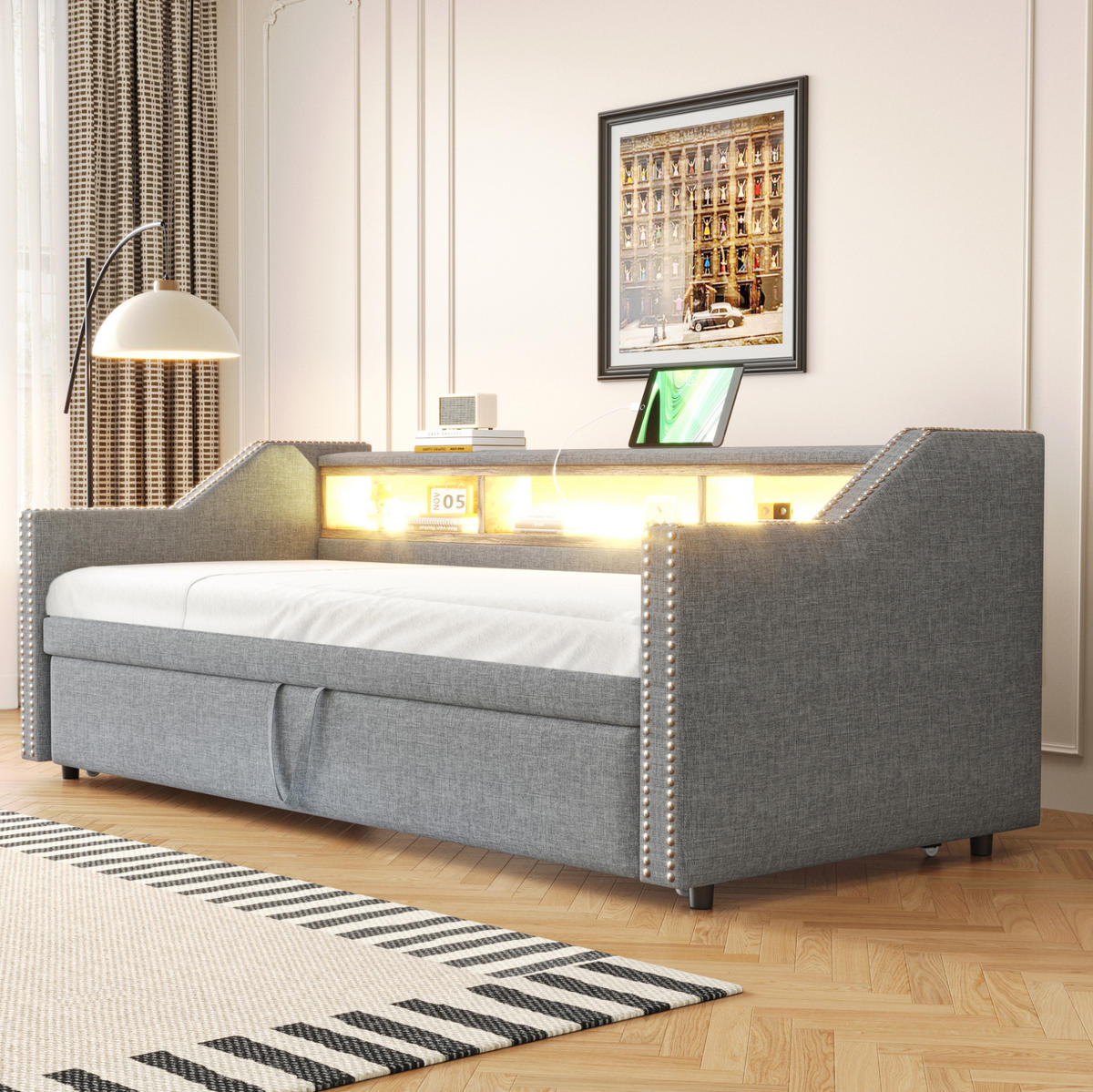 SCHLAFSOFA 90/190 cm mit Ausziehfunktion, LED, USB und Ablagefächern, Hellgrau - Hellgrau, Textil (203.5/74/194cm) - Redom