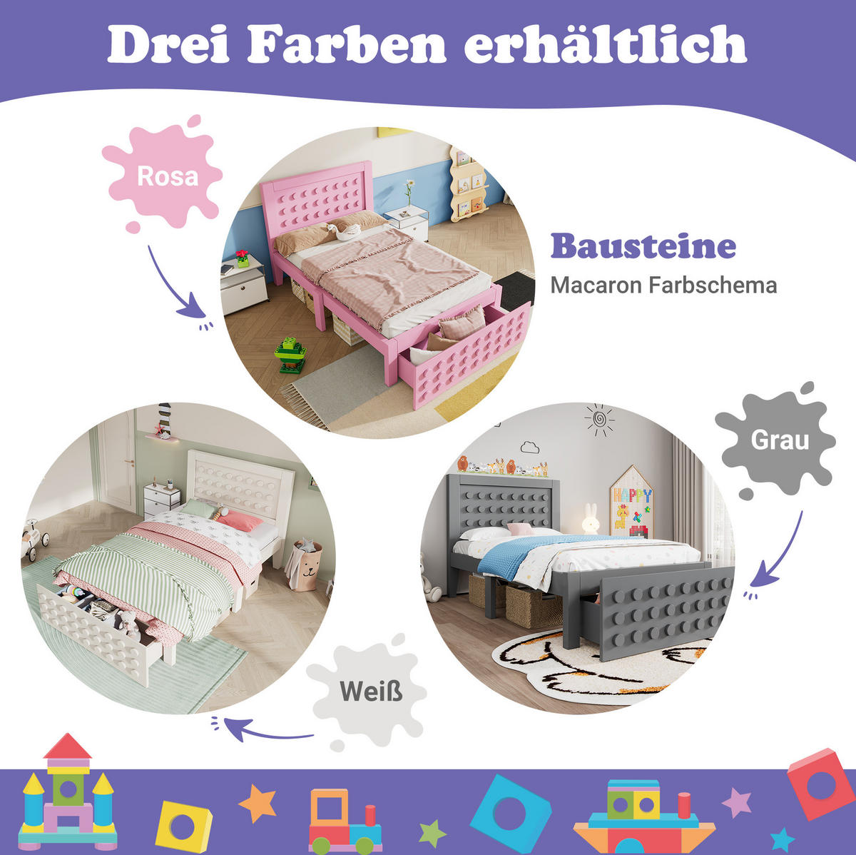 KINDERBETT 90/200 cm aus Holz mit Schublade und Blockdesign Rosa - Rosa, Holz (90/200cm) - Modenvie
