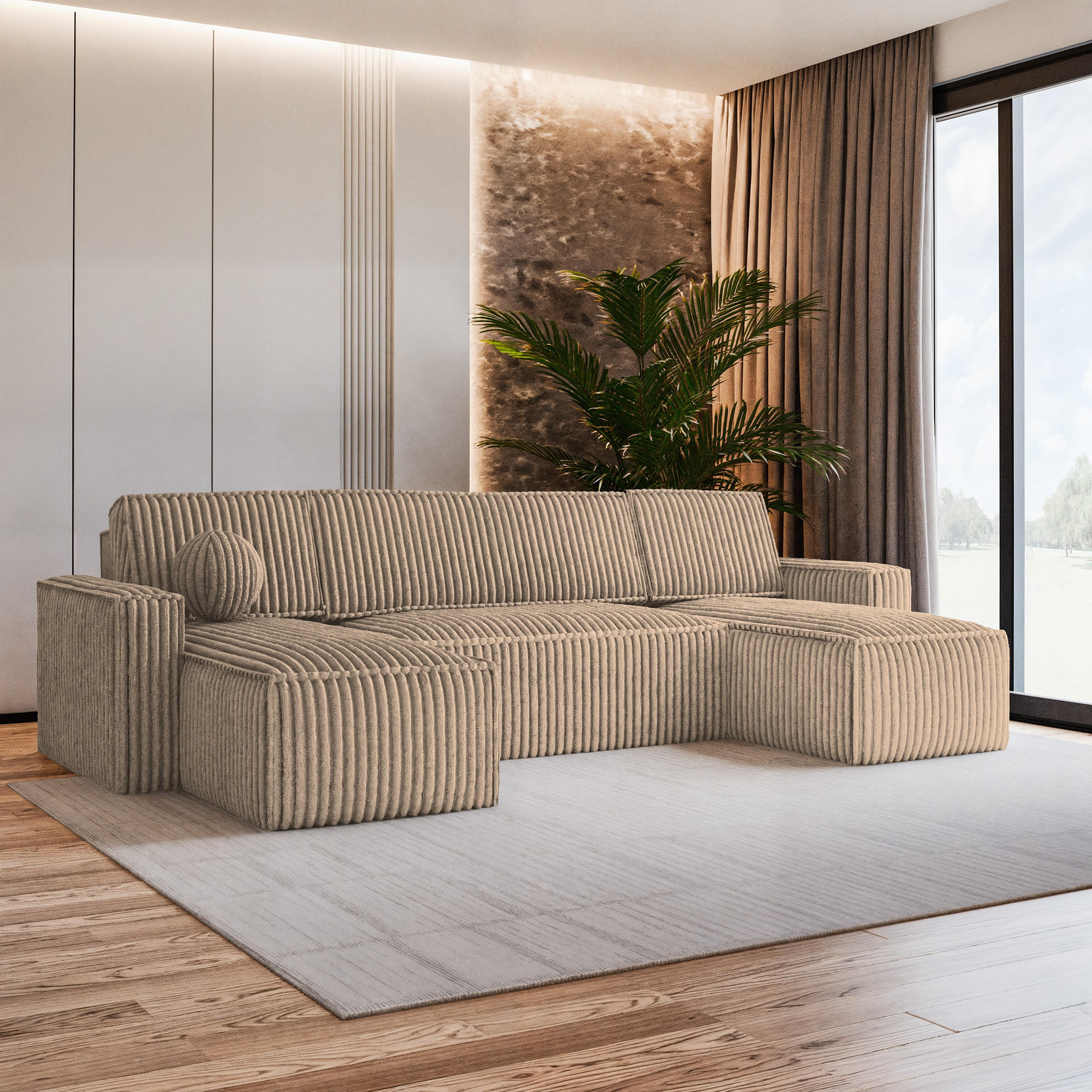 WOHNLANDSCHAFT PESANO T Beige Kordstoff mit Schlaffunktion - Beige, Holz (306/85/140cm) - MASSENO