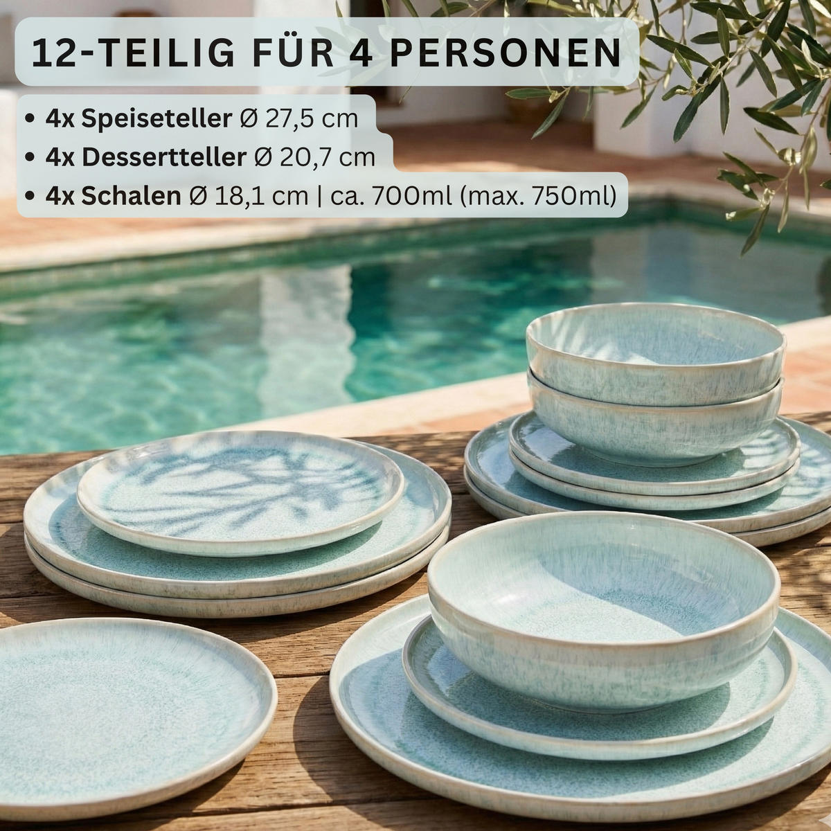 TAFELSERVICE PAROS - 12 teilig aus Steingut - Türkis, Stein (27.5/5/27.5cm) - Sänger