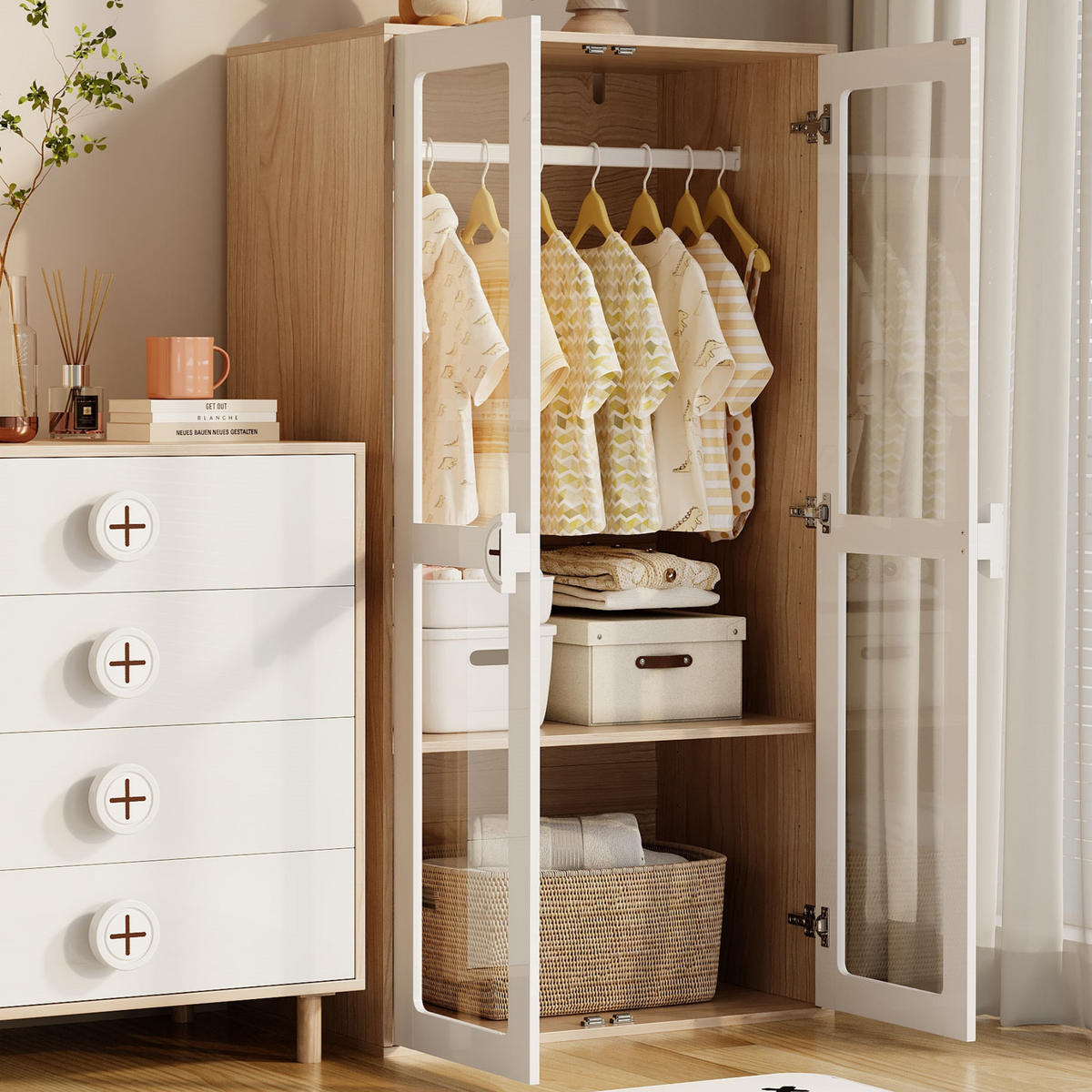 KINDER-KLEIDERSCHRANK 80x50x150cm Weiß + MDF Acryltüren verschiebbar - Multicolor, Holz (50/150/80cm) - FLIEKS