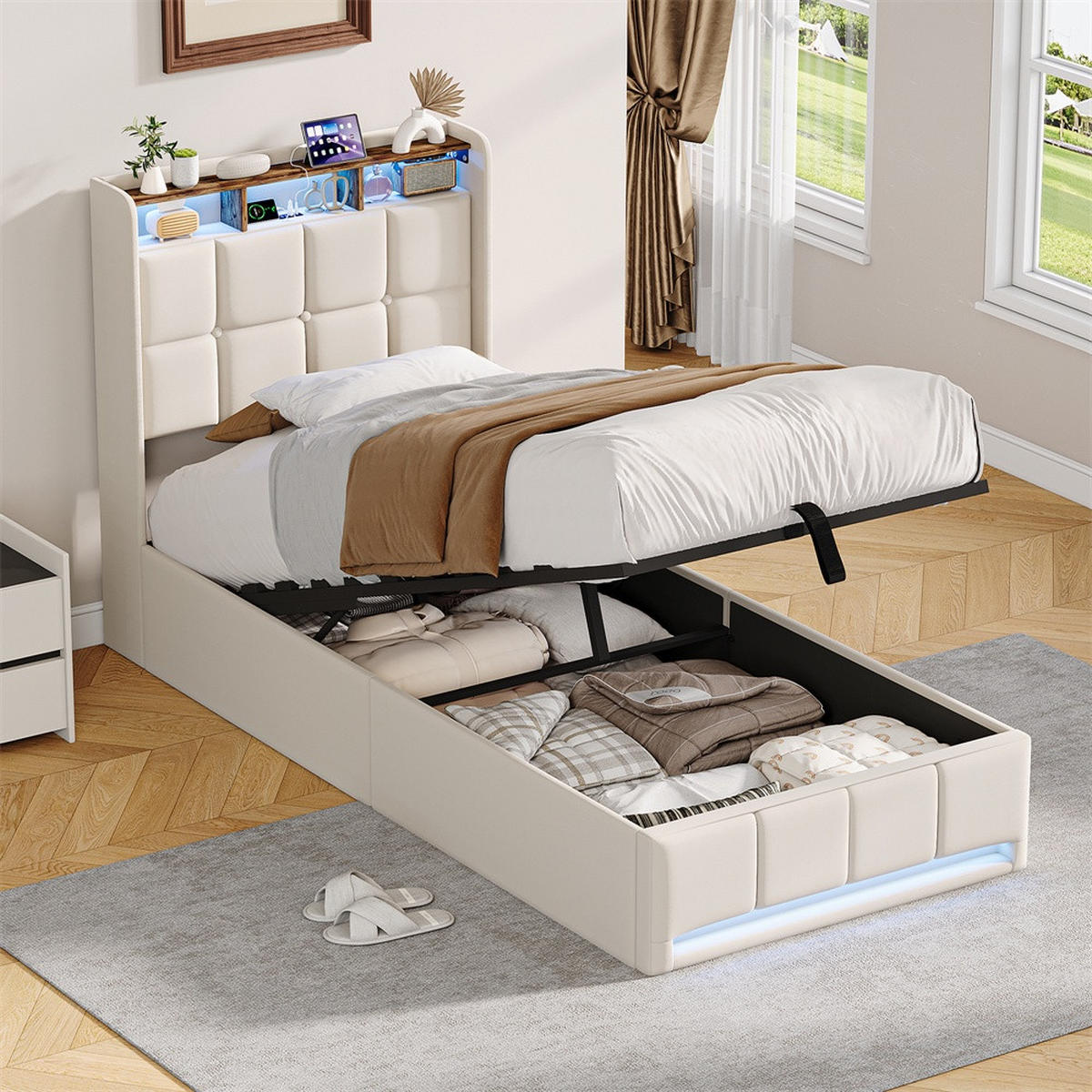 POLSTERBETT 90x200 cm mit LED-Beleuchtung und hydraulischem Stauraum - ohne Matratze - Beige - Beige, Textil (90/200cm) - DELFA