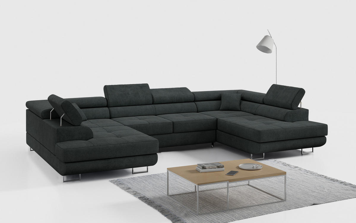 WOHNLANDSCHAFT GUSTAW U Dunkelgrau Struktur - Dunkelgrau/Silberfarben, Textil/Metall (340/55/205cm) - MKS