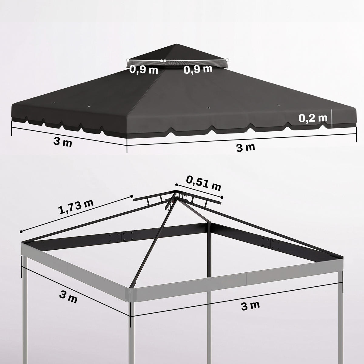 NÁHRADNÍ střecha pro altán, polyester, světle šedá, tmavě šedá - tmavě šedá, textil (300/1/300cm) - Outsunny