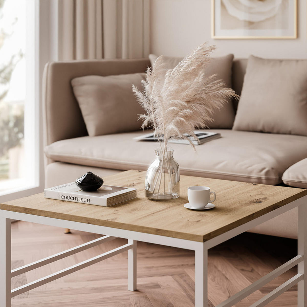 COUCHTISCH FORMA 60/60 cm Quadrat, Weiß / Artisan-Eiche - Weiß/Eiche Artisan, Metall (60/60/46cm) - Idohome