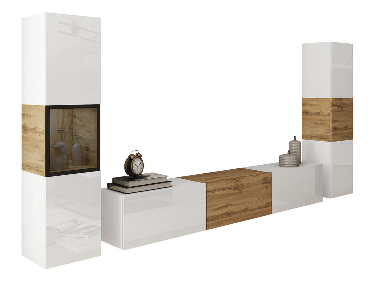 WOHNWAND Berlin III - Weiß Hochglanz/Eiche Wotan, Holzwerkstoff/Kunststoff (180/30/33cm) - MIRJAN24