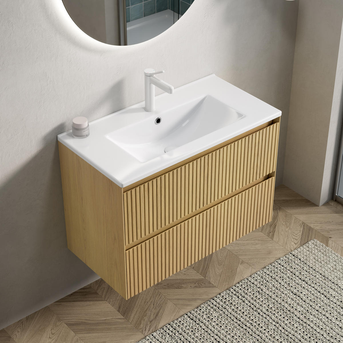 BADEZIMMERSCHRANK 75x39x51.5 cm Goldene Eiche & Weiß aus Keramik mit 2 Schubladen - Eichefarben, Keramik (75/51.5/39cm) - Modfu