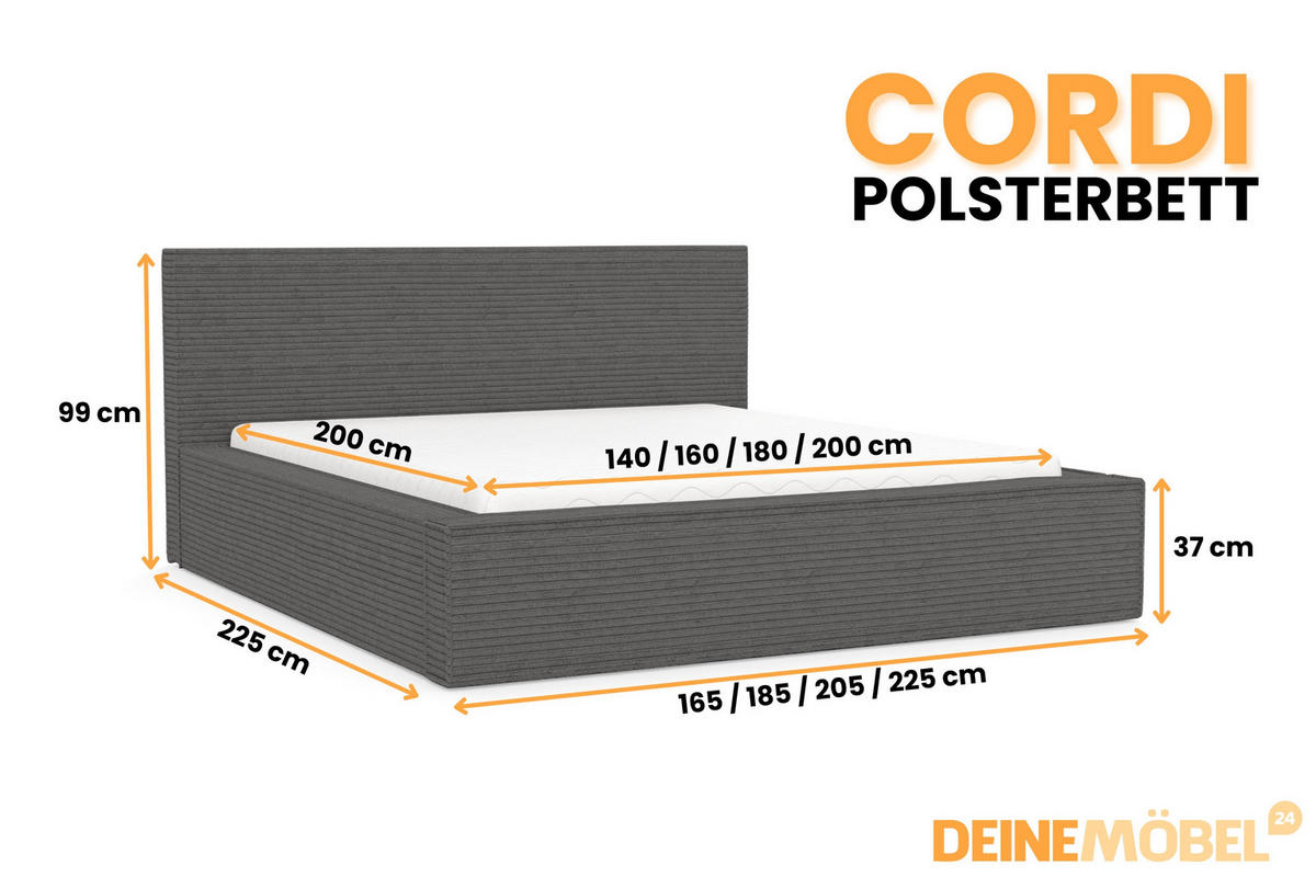POLSTERBETT CORDI 160/200 in Cord Anthrazit - Anthrazit, Holz/Holzwerkstoff (160/200cm) - Deine Möbel 24