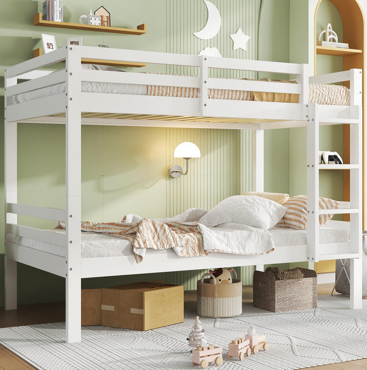 ETAGENBETT 90/200 cm Weiß aus Kiefer mit Absturzsicherung und Winkelleiter - Weiß, Holzwerkstoff (90/200cm) - OKWISH