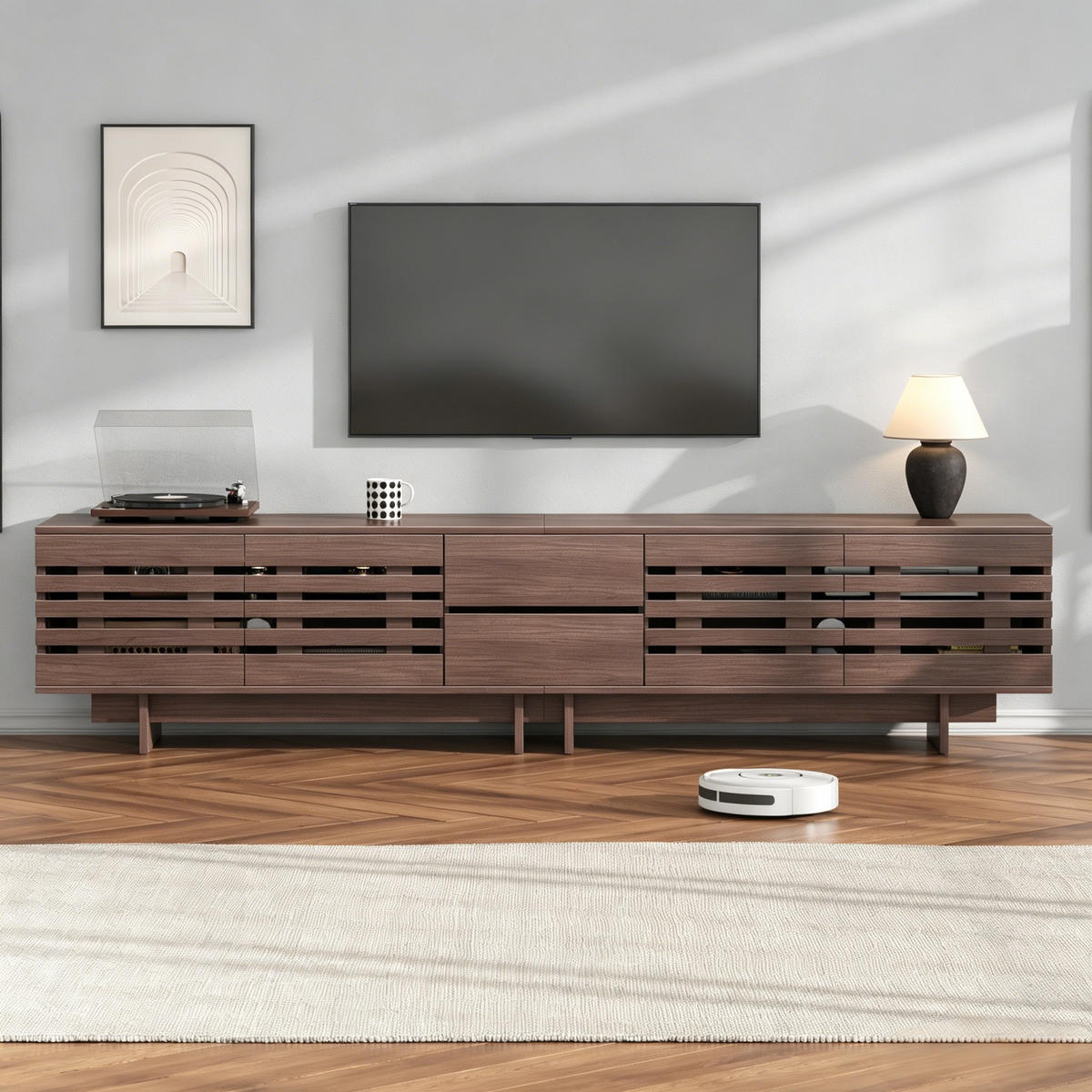 TV-ELEMENT200X39,5X55CM Walnussfarben für 80-Zoll-Fernseher mit Holzlamellen - Walnussfarben, Holz (46/19/113cm) - Raelunyi
