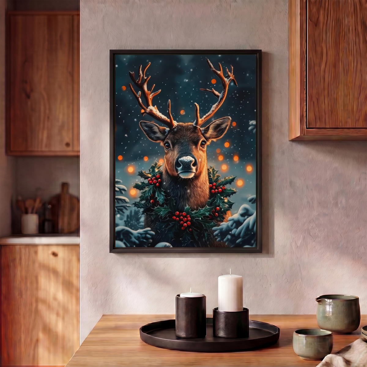 LEINWAND Bilder mit Rahmen - Hirsch - Weihnachten - Winter - Schnee - Weihnachtskranz - 30x40 - Dunkelbraun, Textil (30/40cm) - MuchoWow