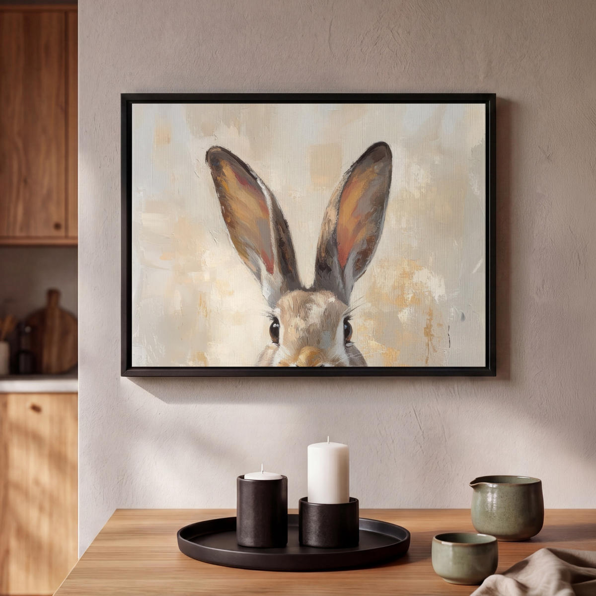 LEINWAND Bilder mit Rahmen - Hase - Ohren - Braun - 40x30 - Beige, Textil (40/30cm) - MuchoWow