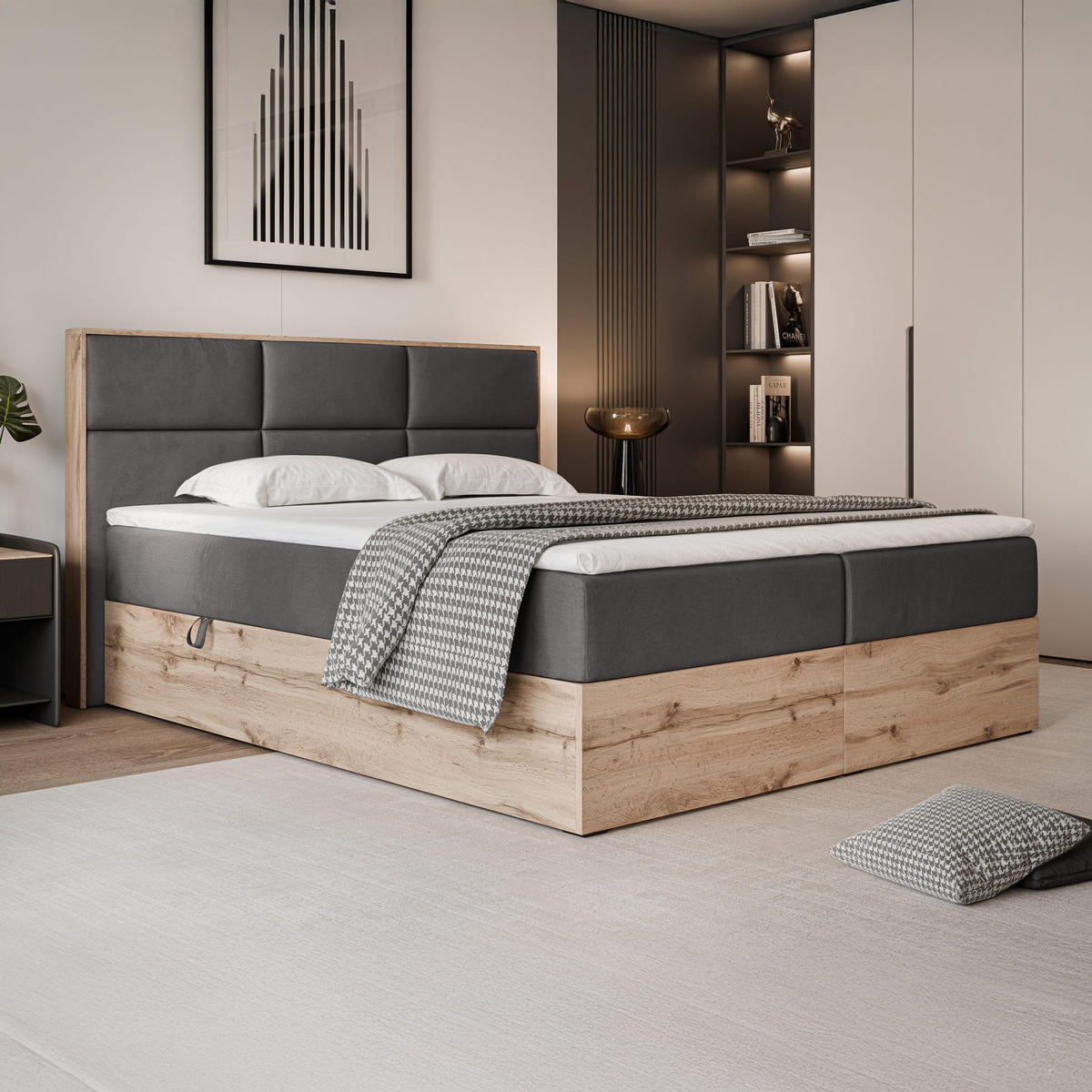 BOXBETT LAVIO 160/200 cm, in Grau, mit Matratze und Topper - Grau, Holzwerkstoff/Textil (160/200cm) - Idohome