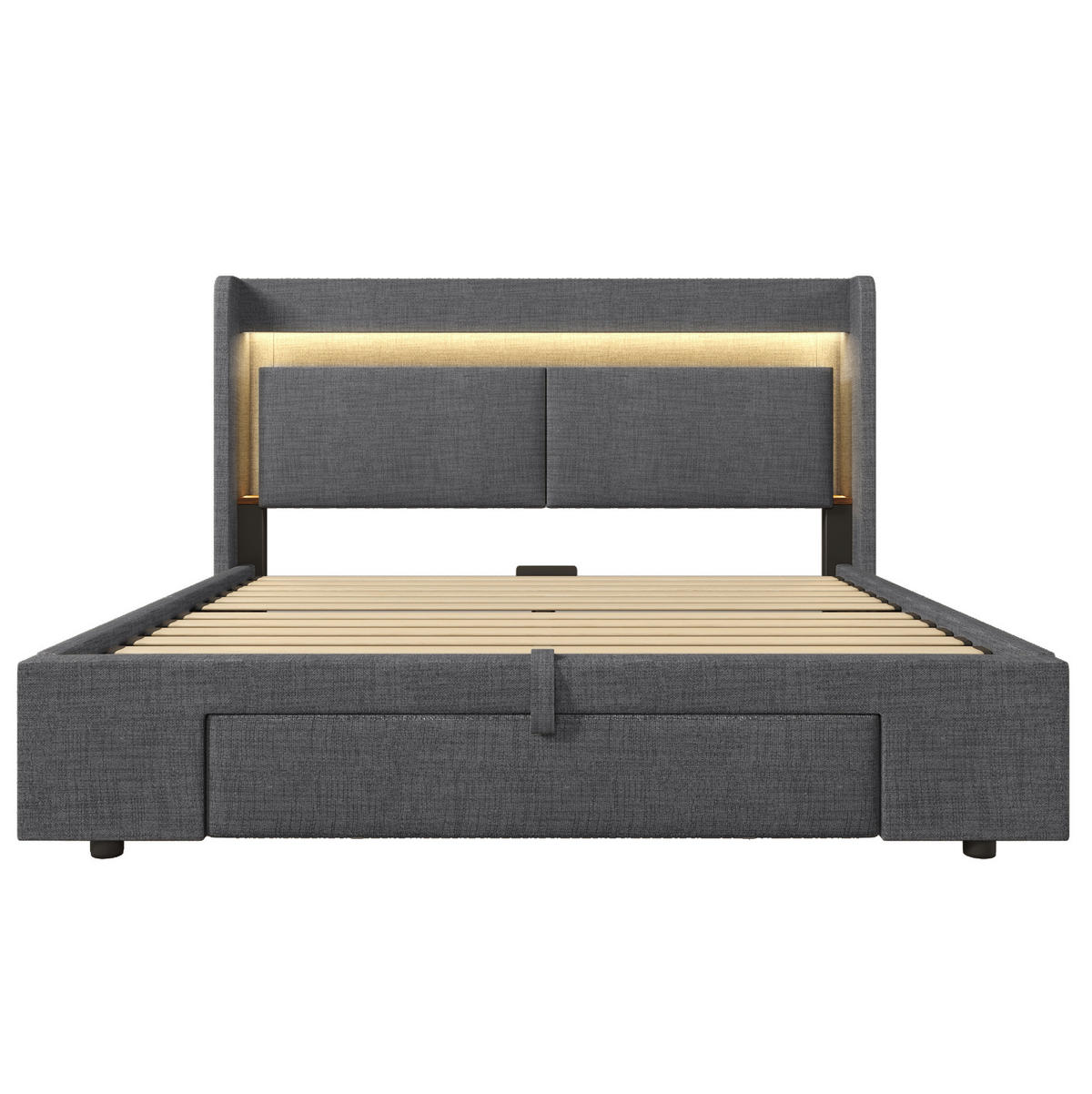POLSTERBETT 160/200 cm grau aus Leinen mit Stauraum, LED und USB-C - Grau, Textil (160/200cm) - OKWISH