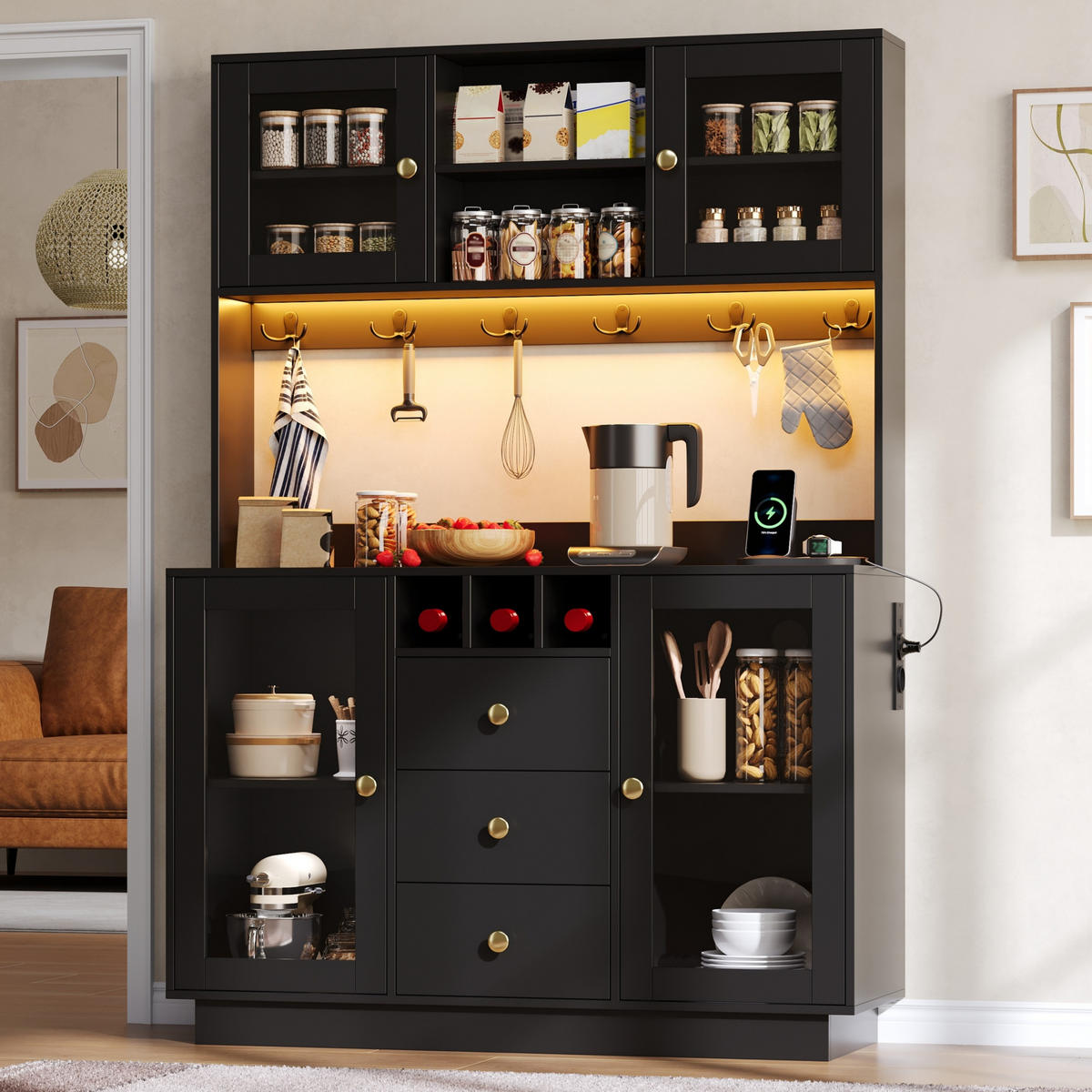 BUFFET DE-38726 120/40/170 cm LED-Beleuchtung und 3 Schubladen Schwarz/Gold - Schwarz, Holzwerkstoff (120/170/40cm) - ComfortXL