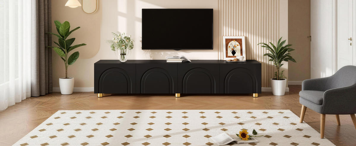 TV-LOWBOARD 180/35/40 cm, Schwarz, mit Bogenrelief und 4 Türen - Schwarz, Holzwerkstoff/Metall (180/40/35cm) - CHICFURN