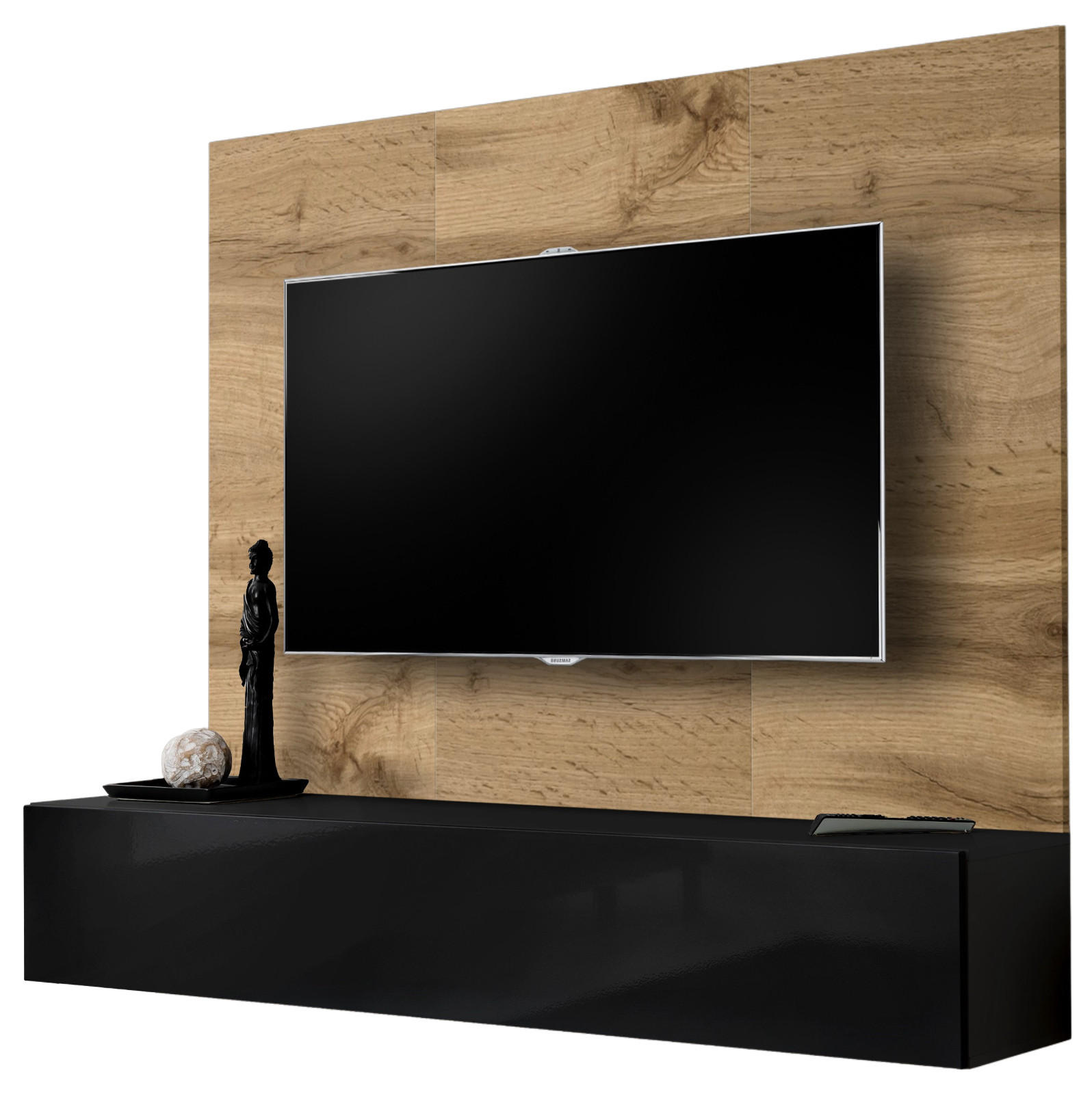 Inn.Furn Tv-Lowboard Eiche Wotan, Schwarz 180x148x40 cm