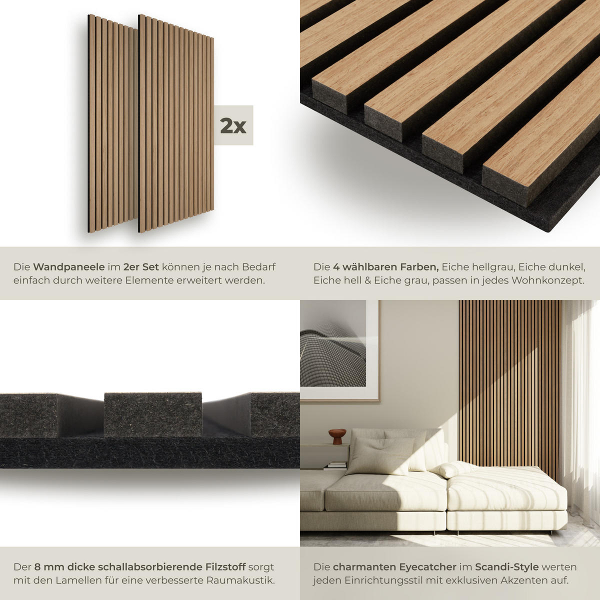 AKUSTIKPANEELE 2er Set Sonic Wall,je 60 x 120 x 2,1 cm, Größe flexibel anpassbar,Eiche hell - Eichefarben, Holz (60/120/120cm) - tectake