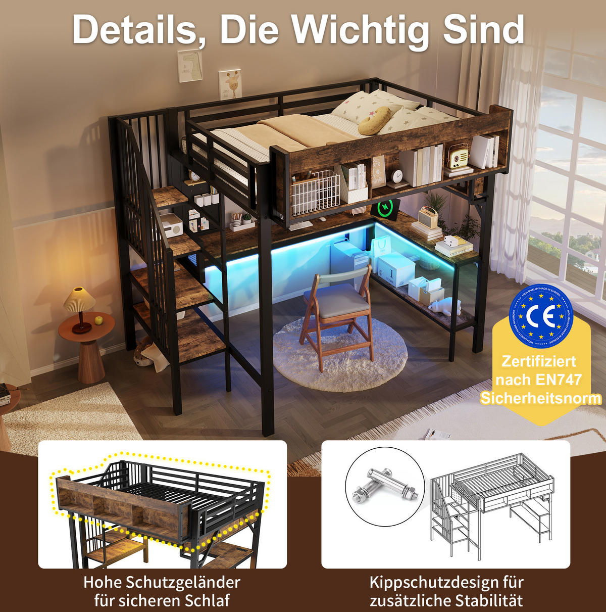 HOCHBETT 140/200 cm braun-schwarz aus MDF und Eisen mit Eckschreibtisch - Schwarz, Holzwerkstoff (140/200cm) - OKWISH