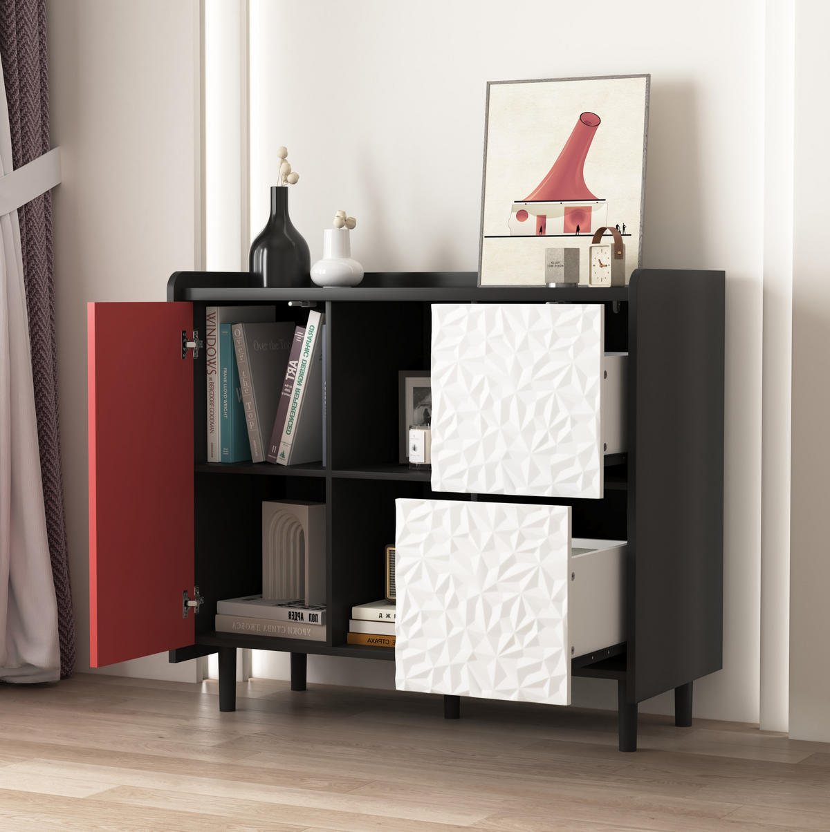 SIDEBOARD aus MDF 40x90x80 cm Schwarz/Rot mit 2 Schubladen, offenem Fach und Schranktür in modernem Design - Rot, Holzwerkstoff (90/80/40cm) - Modfu