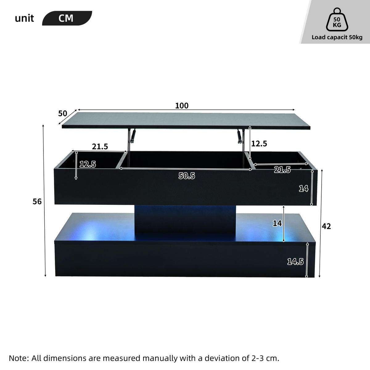 COUCHTISCH höhenverstellbar, Spanplatte schwarz, mit LED-App-Steuerung & Stauraum, 100/50/42 cm,schwarz - Schwarz, Holzwerkstoff (50/100/42cm) - Redom