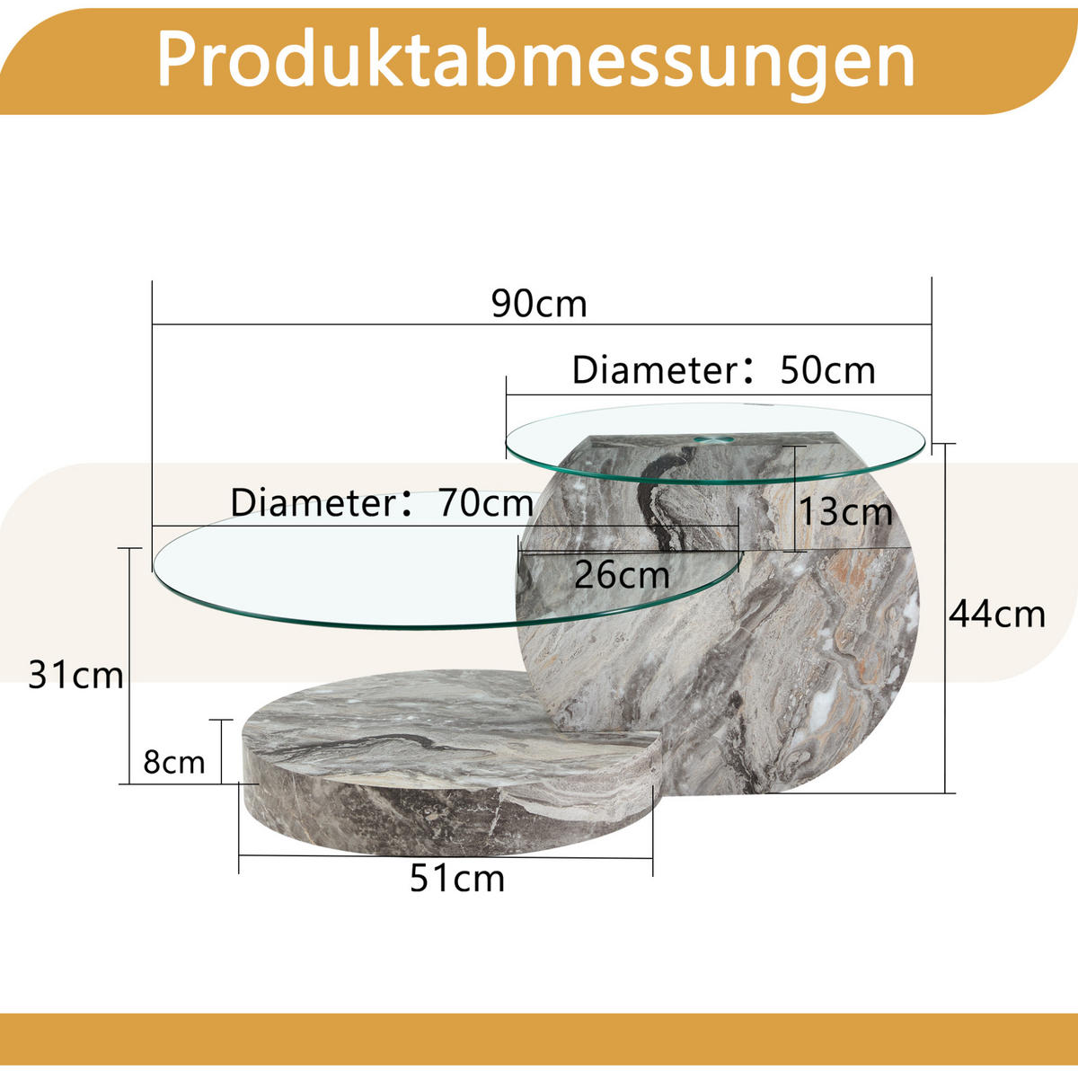 COUCHTISCH aus Glas und MDF Ø50 & 70x44 cm in Grau mit 2 Ebenen - Grau, Glas (70/70/44cm) - Modfu