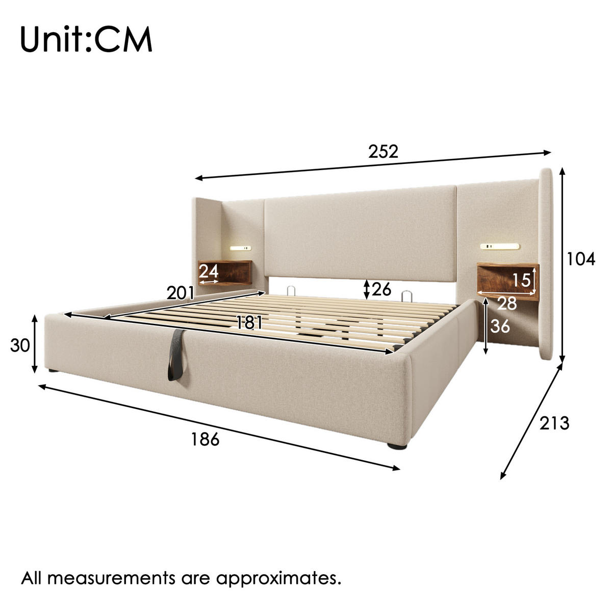 POLSTERBETT 180/200 cm Beige mit Stauraum, Leselicht und USB- und Type-C-Anschlüssen - Beige, Textil (180/200cm) - Flora Grace