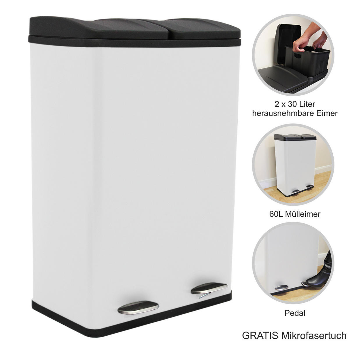 TRETMÜLLEIMER 60l Doppel Abfalleimer - Weiß - Weiß, Metall (47/1/36cm) - Monstershop