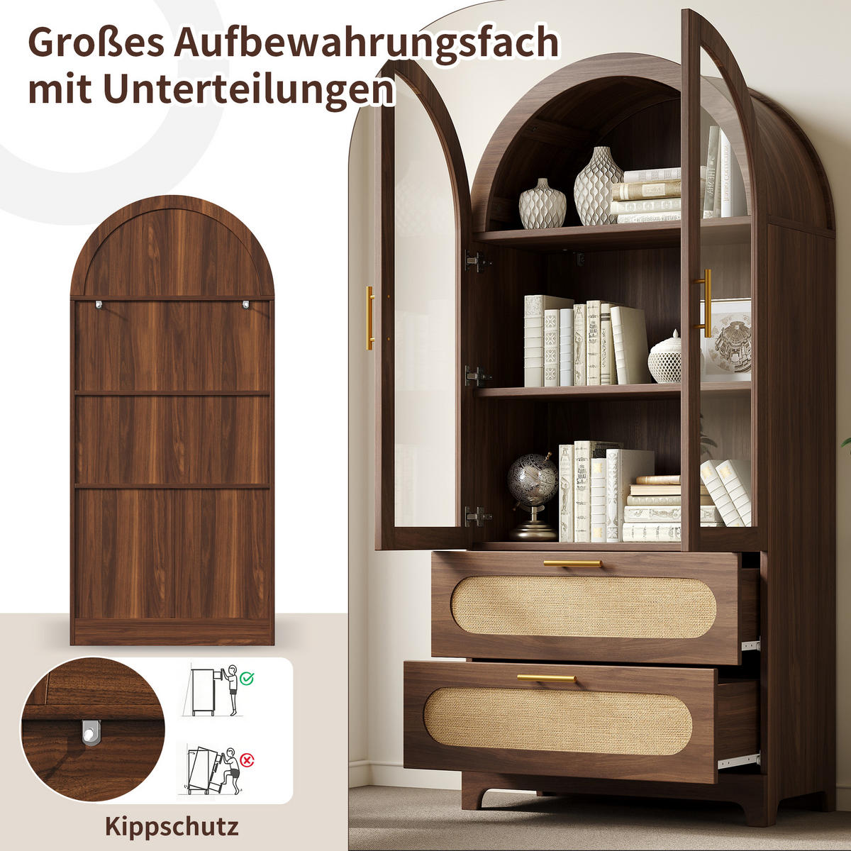 VITRINE in Nussbaum Bücherregal mit 2 Schubladen und verstellbaren Böden, H175/B80/T40cm - Transparent/Naturfarben, Glas/Holzwerkstoff (80/175/40cm) - STILVORA
