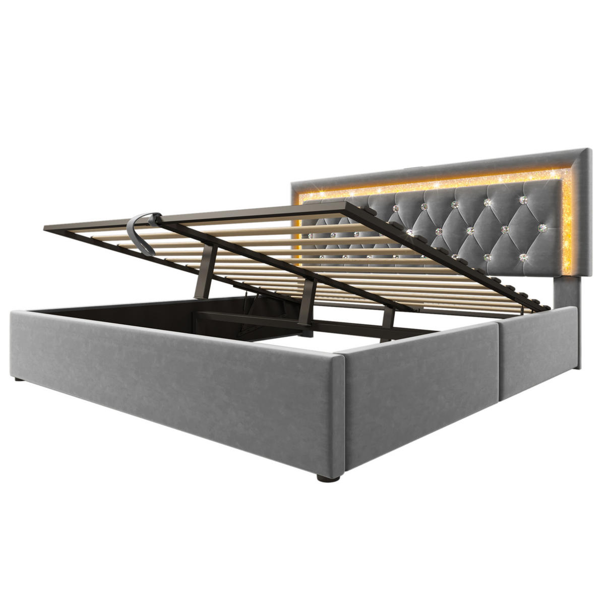 POLSTERBETT 140/200 cm Grau mit LED-Beleuchtung Stauraum USB- und Type-C-Anschlüssen mit Matratze - Grau, Textil (140/200cm) - OKWISH