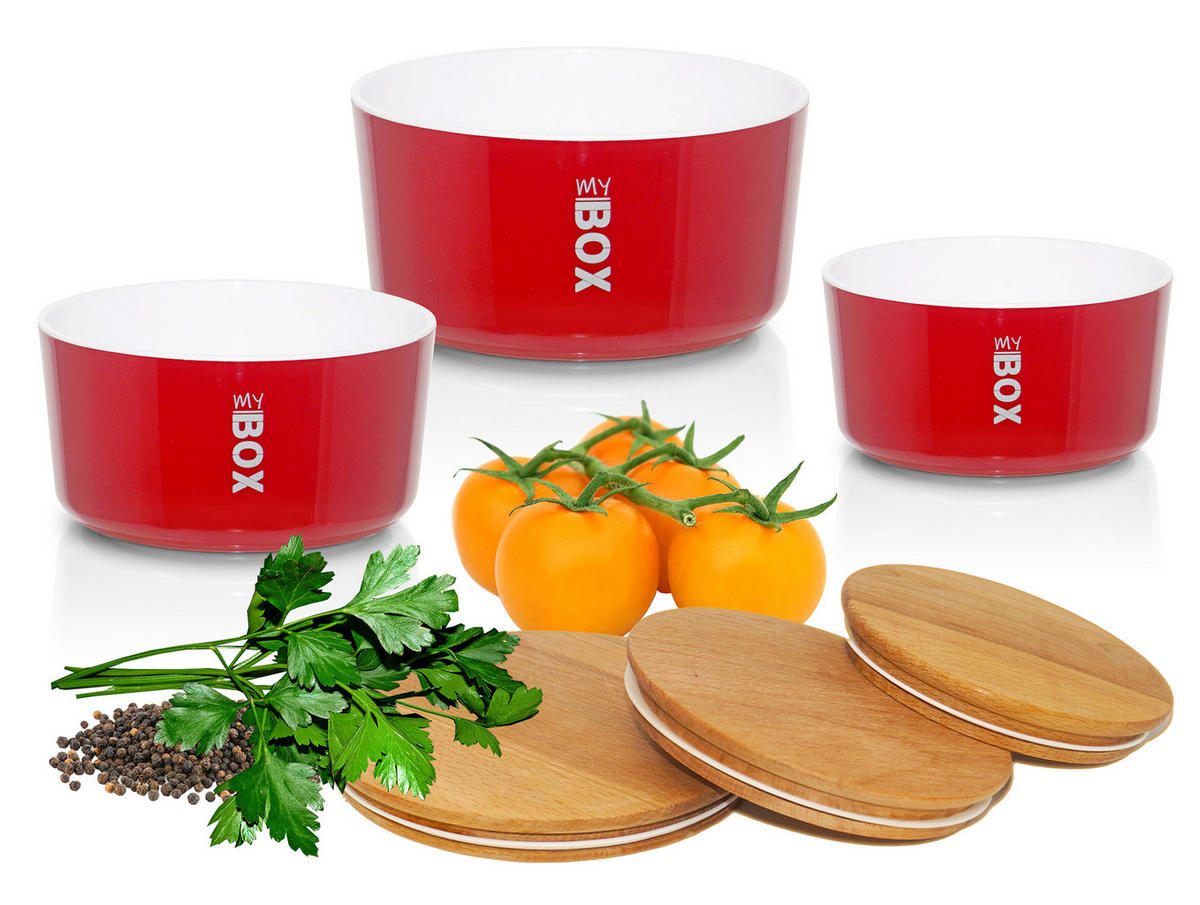 VORRATSDOSEN-SET rund mit Bambusdeckel 3teilig Rot - Rot, Kunststoff - Lashuma