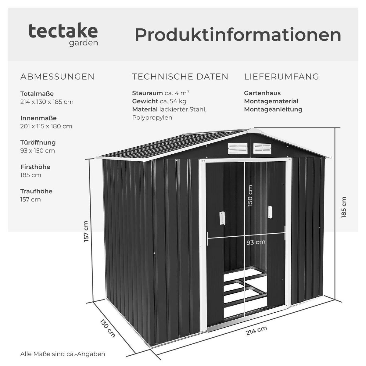 GARTENHAUS mit Satteldach, 214 x 130 x 185 cm, grau/weiß - Weiß/Grau, Metall (130/185/214cm) - tectake