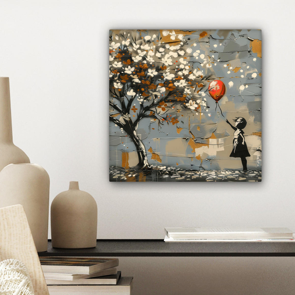 LEINWANDBILD Baum - Graffiti - Banksy-Stil - Ballon-Mädchen 20x20 cm - Blaugrau, Textil (20/20cm) - MuchoWow