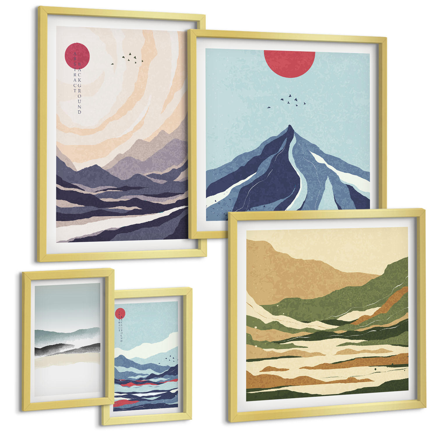 BILDER SET 5er Set - 50x50 cm & 20x30 cm & 40x60 cm Goldrahmen - Farbenfrohe abstrakte Flussberge - Goldfarben, Kunststoff (40/60cm) - TULUP